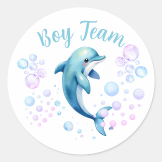 Pegatina Redonda Revelación de género del equipo de niños delfines