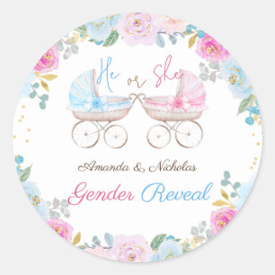 Pegatina Redonda Revelación de género Floral lindo Rosa azul