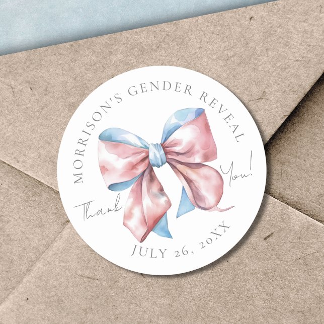 Pegatina Redonda Revelación del género de lazo rosa y azul (Pink And Blue Gender Reveal Classic Round Sticker)