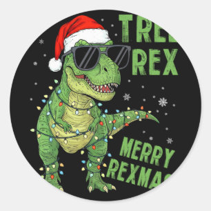 Pegatina Redonda Rex Árbol Divertido Navideño Dinosaurio Sombrero d