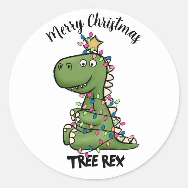 Pegatina Redonda Rex Dino, árbol verde lindo, ilumina navidad (Anverso)