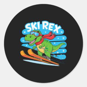 Pegatina Redonda Rex Divertido Esquí Dinosaurio Esquí Diseño Deport