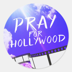 Pegatina Redonda Reza por Hollywood en Cielo Púrpura