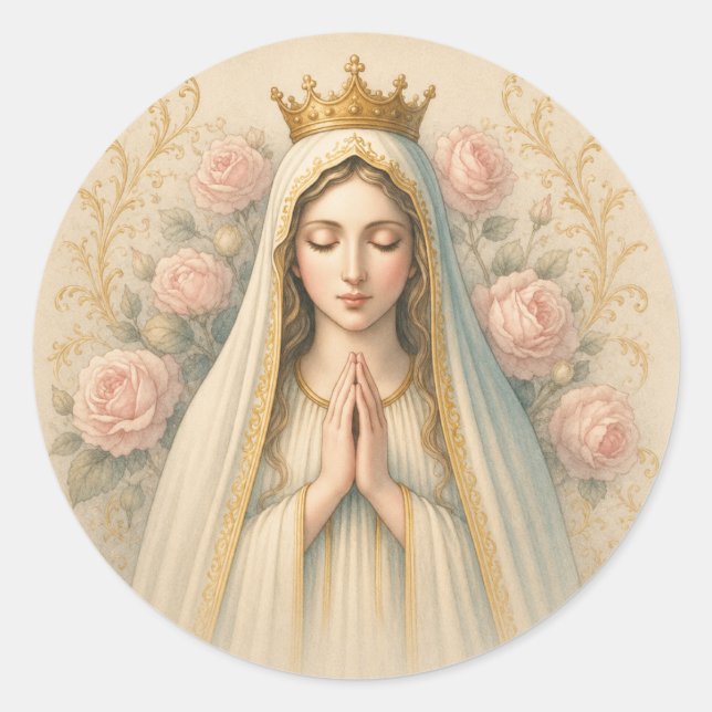 Pegatina Redonda Rezar el Rosario – Nuestra Señora de Fátima Devoci (Anverso)