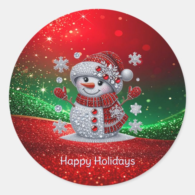 Pegatina Redonda Rhinestones Snowman Holiday Sticker (Anverso)