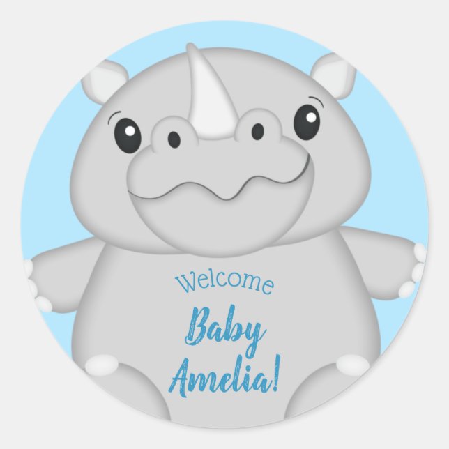 Pegatina Redonda Rhino Baby Shower Blue (Anverso)