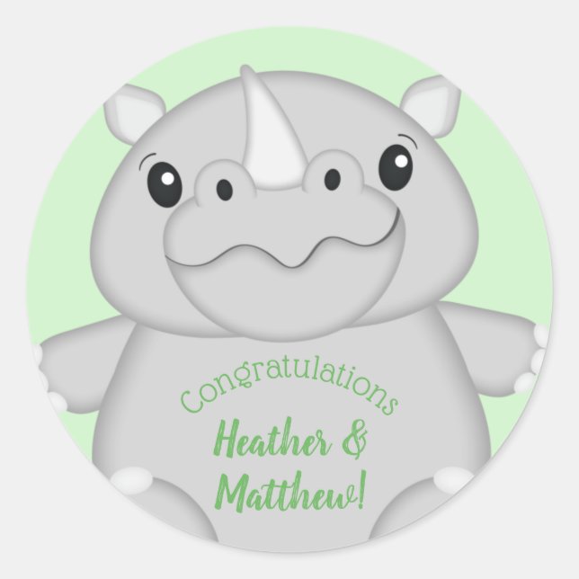 Pegatina Redonda Rhino Baby Shower Green (Anverso)