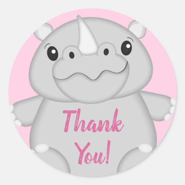 Pegatina Redonda Rhino Baby Shower Safari Chica rosado (Anverso)