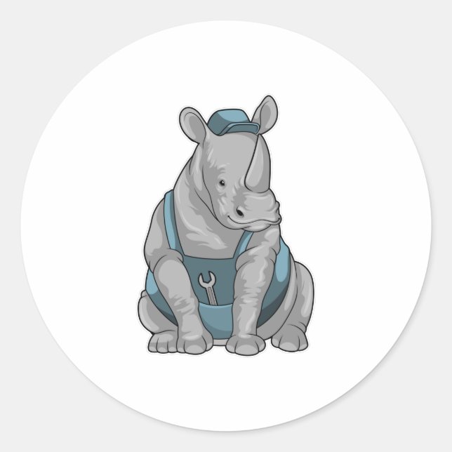 Pegatina Redonda Rhino como artesano con llave (Anverso)