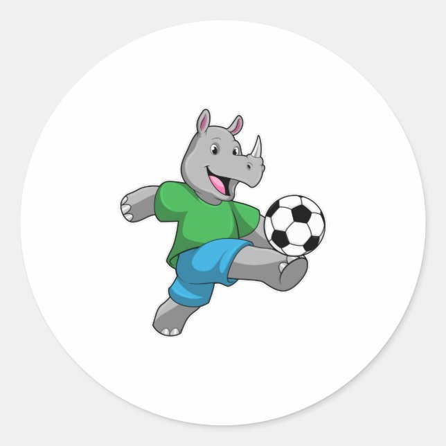 Pegatina Redonda Rhino como jugador de fútbol con fútbol (Anverso)