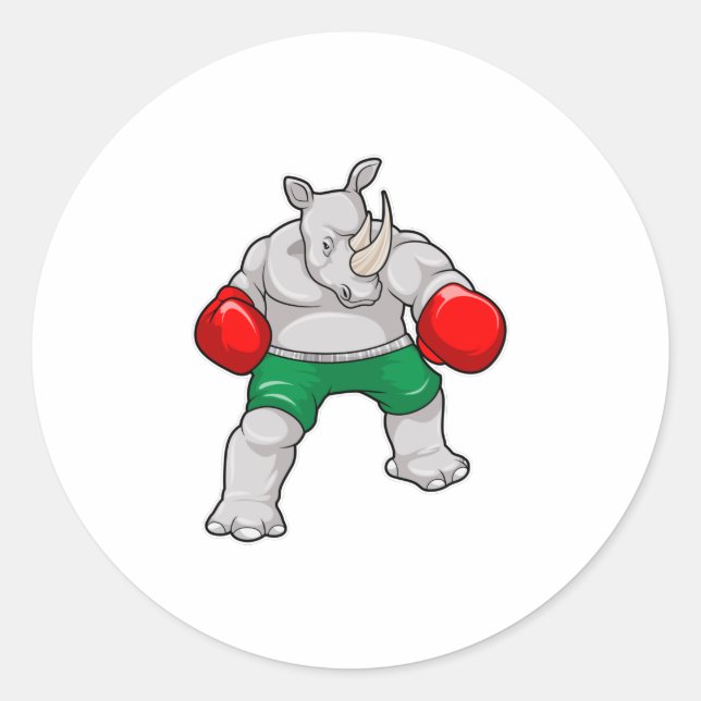 Pegatina Redonda Rhino en boxeo con guantes de boxeo (Anverso)