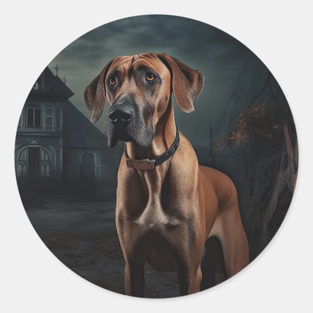 Pegatina Redonda Rhodesian Ridgeback Halloween Scary (Anverso)