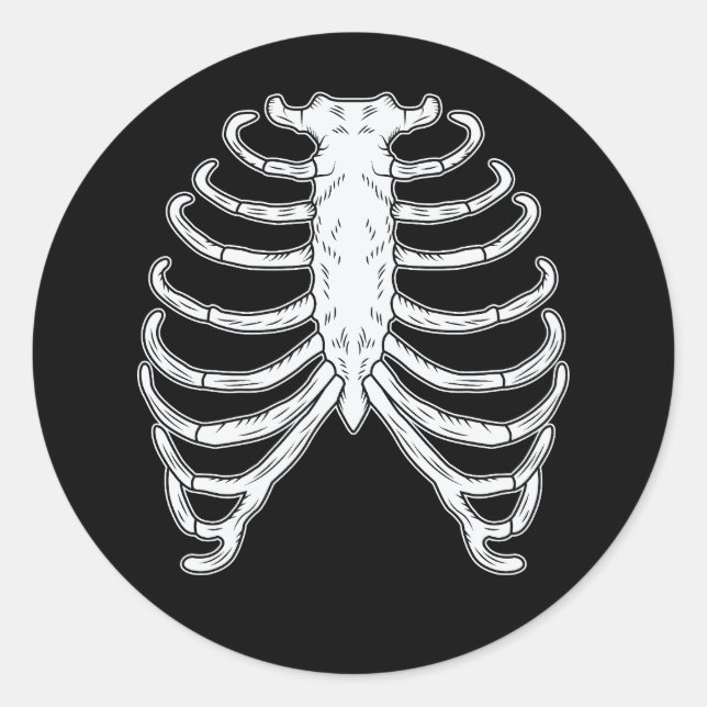 Pegatina Redonda Rib Cage Skeleton Bones Halloween Negro Y Blanco (Anverso)