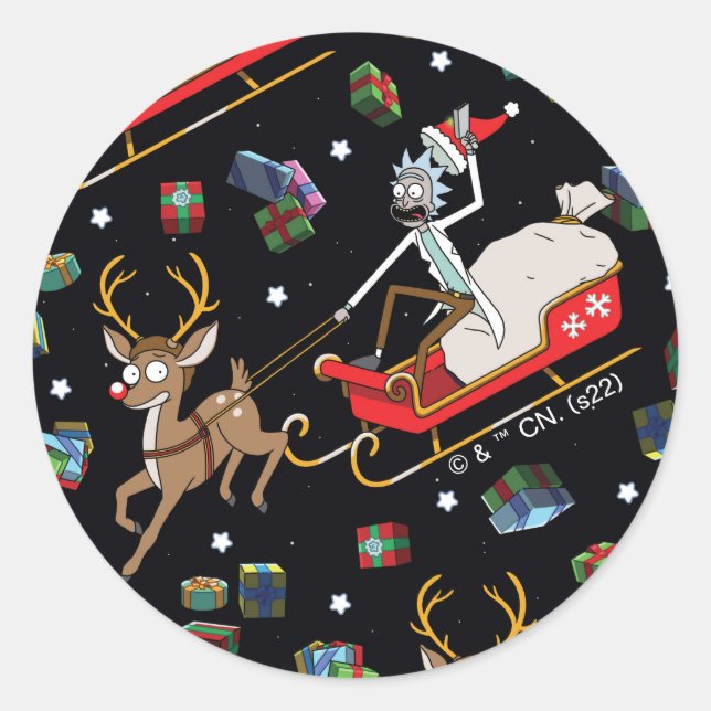 Pegatina Redonda Rick and Morty | Christmas Reindeer Sleigh Pattern (Anverso)