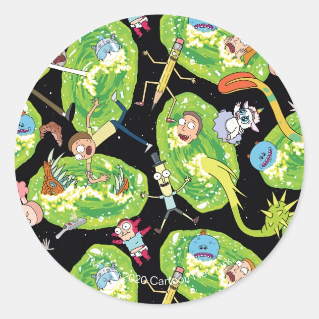 Pegatina Redonda RICK AND MORTY™ | Patrón de caída a través de port (Anverso)