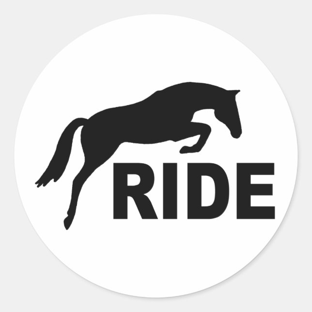 Pegatina Redonda RIDE con Caballo de Salto (negro) (Anverso)