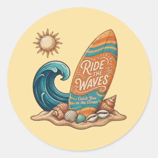 Pegatina Redonda Ride the Waves" Surfing Summer Vibes Round Sticker