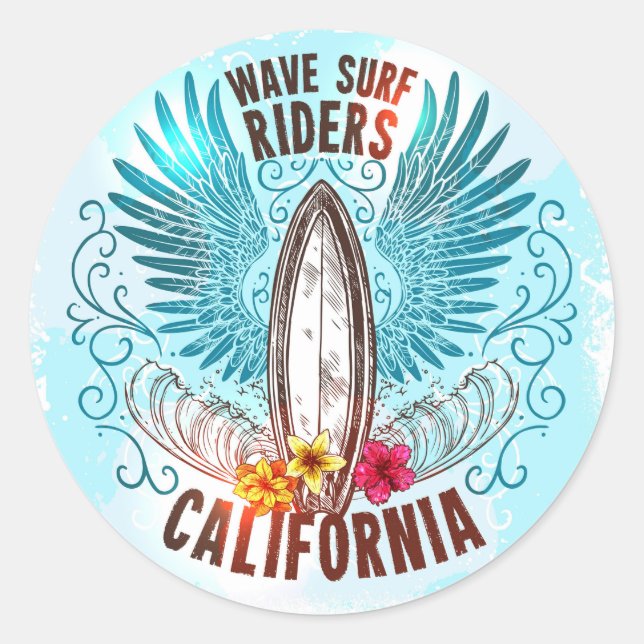Pegatina Redonda Riders de Surf Wave de California (Anverso)