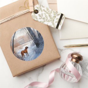 Pegatina Redonda Ridgeback ruso deja que nieve Navidades