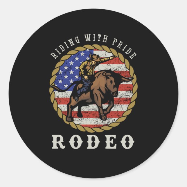Pegatina Redonda Riding With Pride Rodeo Cowboy Bull Riding USA Gif (Anverso)