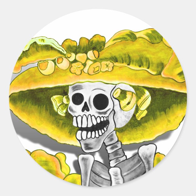 Pegatina Redonda Ríe mujer esquelética en bonnet amarillo (Anverso)