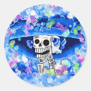 Pegatina Redonda Ríe mujer esqueleto en bonnet azul