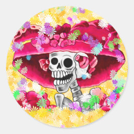 Pegatina Redonda Ríe mujer esqueleto en Red Bonnet