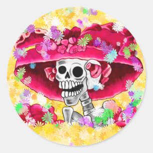 Pegatina Redonda Ríe mujer esqueleto en Red Bonnet