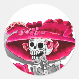 Pegatina Redonda Ríe mujer esqueleto en Red Bonnet