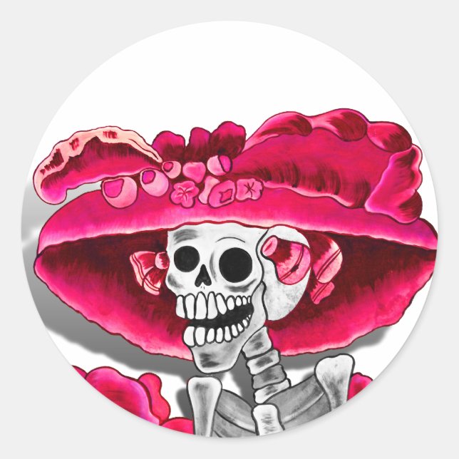 Pegatina Redonda Ríe mujer esqueleto en Red Bonnet (Anverso)