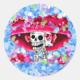 Pegatina Redonda Ríe mujer esqueleto en Red Bonnet