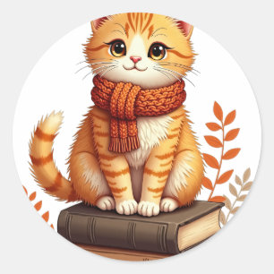 Pegatina Redonda Rincón de lectura de gato acogedor - Arte de acuar
