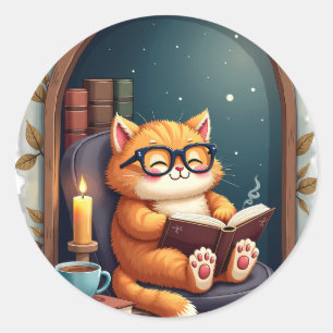 Pegatina Redonda Rincón de lectura de gato de academia oscura café