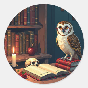 Pegatina Redonda Rincón de lectura de la oscura academia, búho, gaf