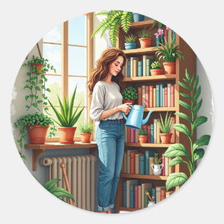 Pegatina Redonda Rincón de lectura de libros de jardinería para mam