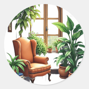 Pegatina Redonda Rincón de lectura para padres de plantas Acuarela