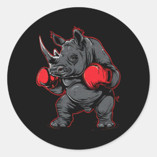 Pegatina Redonda Rinoceronte boxeando con guantes de boxeo Kickboxi
