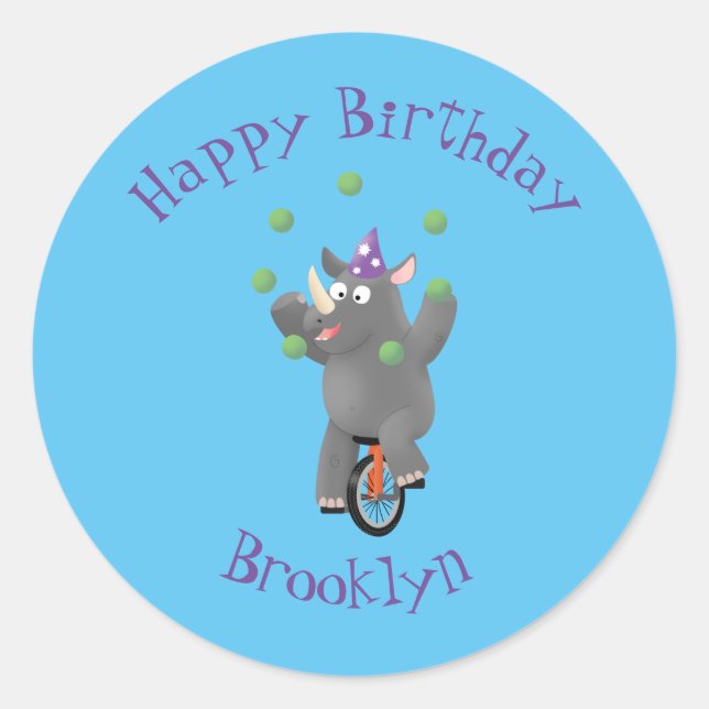 Pegatina Redonda Rinocerontes divertidos y lindos en monociclo (Anverso)