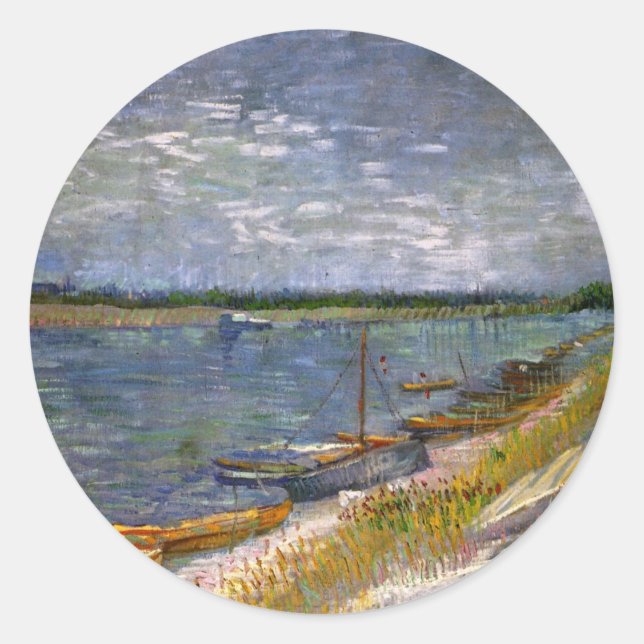 Pegatina Redonda Río con barcos de remo por Vincent van Gogh (Anverso)