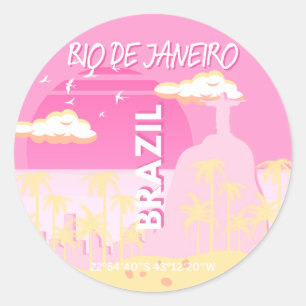 Pegatina Redonda Río de Janeiro Brasil Ilustracion rosa de arte de 