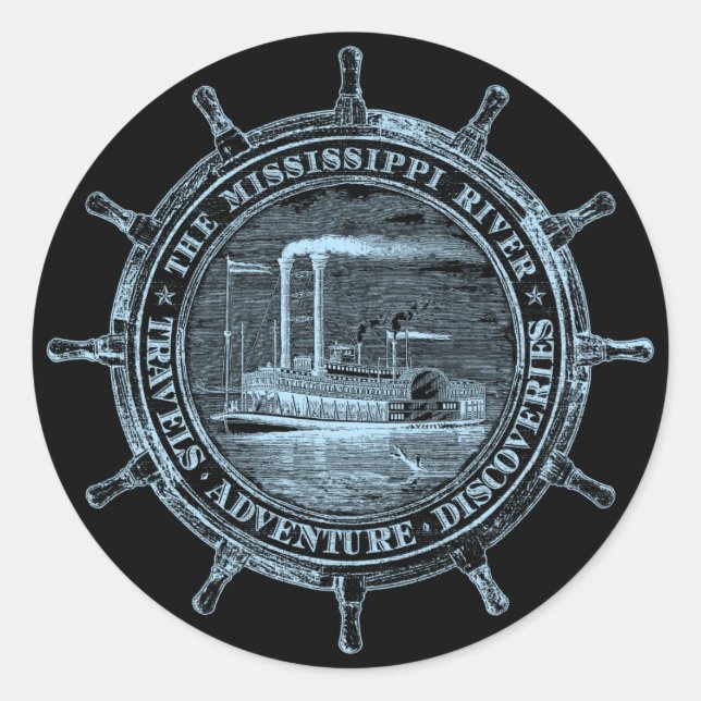 Pegatina Redonda Río Misisipi. Viajes. Aventura. Descubrimientos (Anverso)
