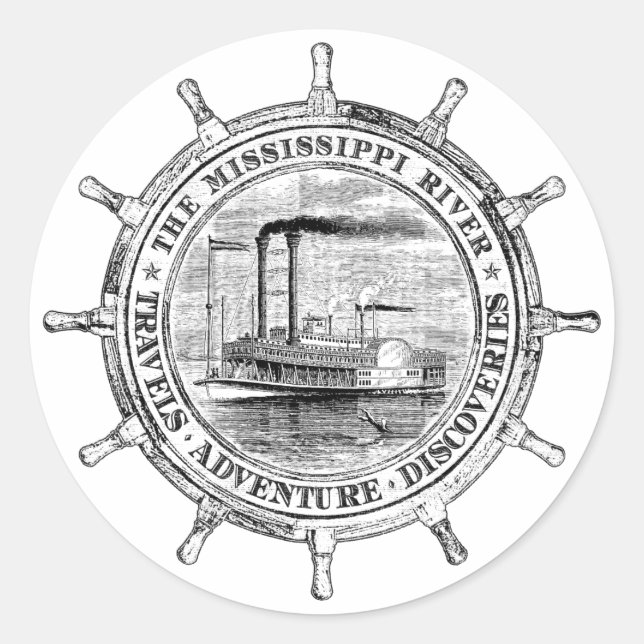 Pegatina Redonda Río Misisipi. Viajes. Aventura. Descubrimientos (Anverso)
