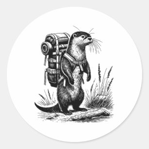 Pegatina Redonda Río nutria caminata animales divertidos Cotta