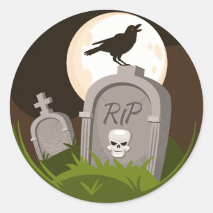 Pegatina Redonda Rip Skull Raven Grave Halloween Moon