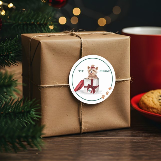 Pegatina Redonda Risible perro acuarela Yorkshire Terrier en regalo (Naughty Dog Watercolor Yorkshire Terrier in Gift Classic Round Sticker)