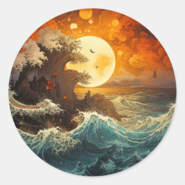 Pegatina Redonda Rising Sun Wave Yin Yang Artes Marciales