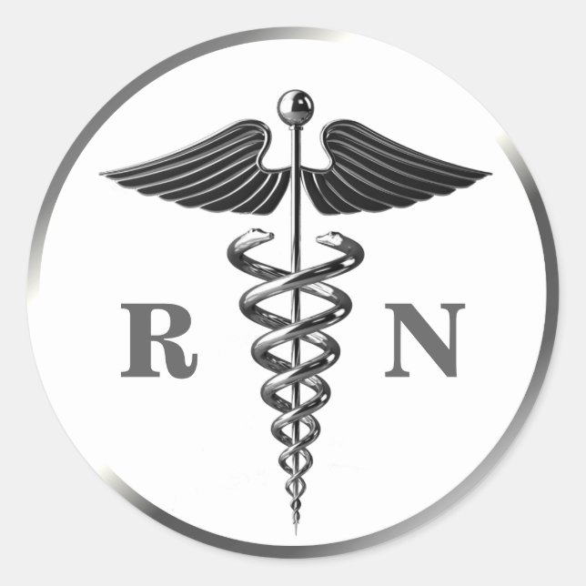 Pegatina Redonda RN Enfermera Plata Símbolo Caducto Médico (Anverso)