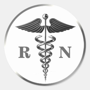 Pegatina Redonda RN Enfermera Plata Símbolo Caducto Médico