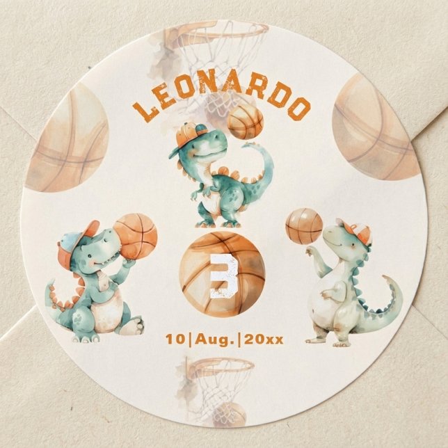 Pegatina Redonda Roar & Score Basketball Dino Boy Birthday (Subido por el creador)
