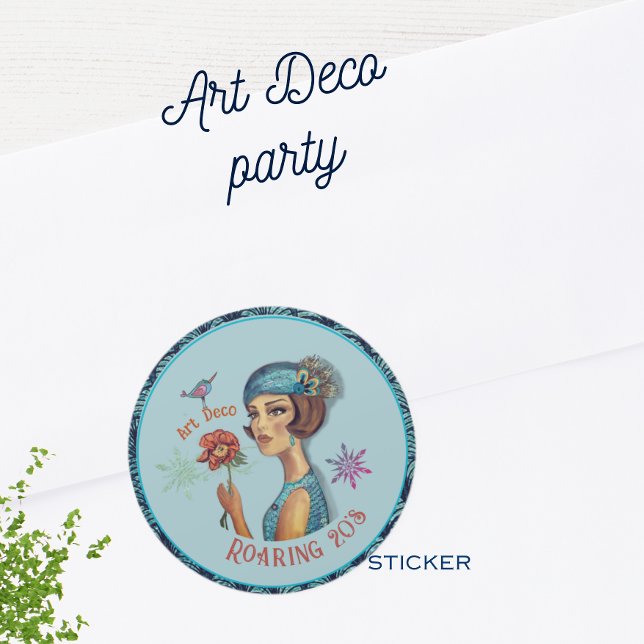 Pegatina Redonda Roaring Art Deco Lady in Blue de los años 20 (Zazzle Roaring 20's Art Deco Lady in Blue Classic Round Sticker (Envelope))